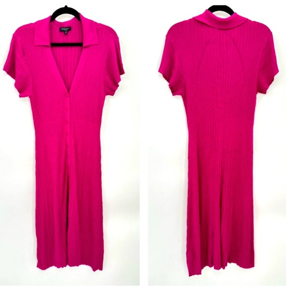 RAG & BONE ESME Woman pink ribbed stretch button collared polo midi shirtdress M - Picture 2 of 12